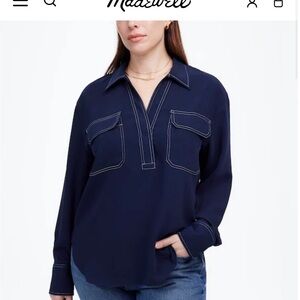 Madewell Contrast-Stitch Popover Shirt Deep Blue Blouse with Stitch Detail